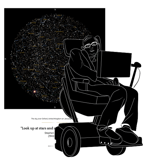 Un disegno commemorativo di Stephen Hawking, con la sua mappa stellare