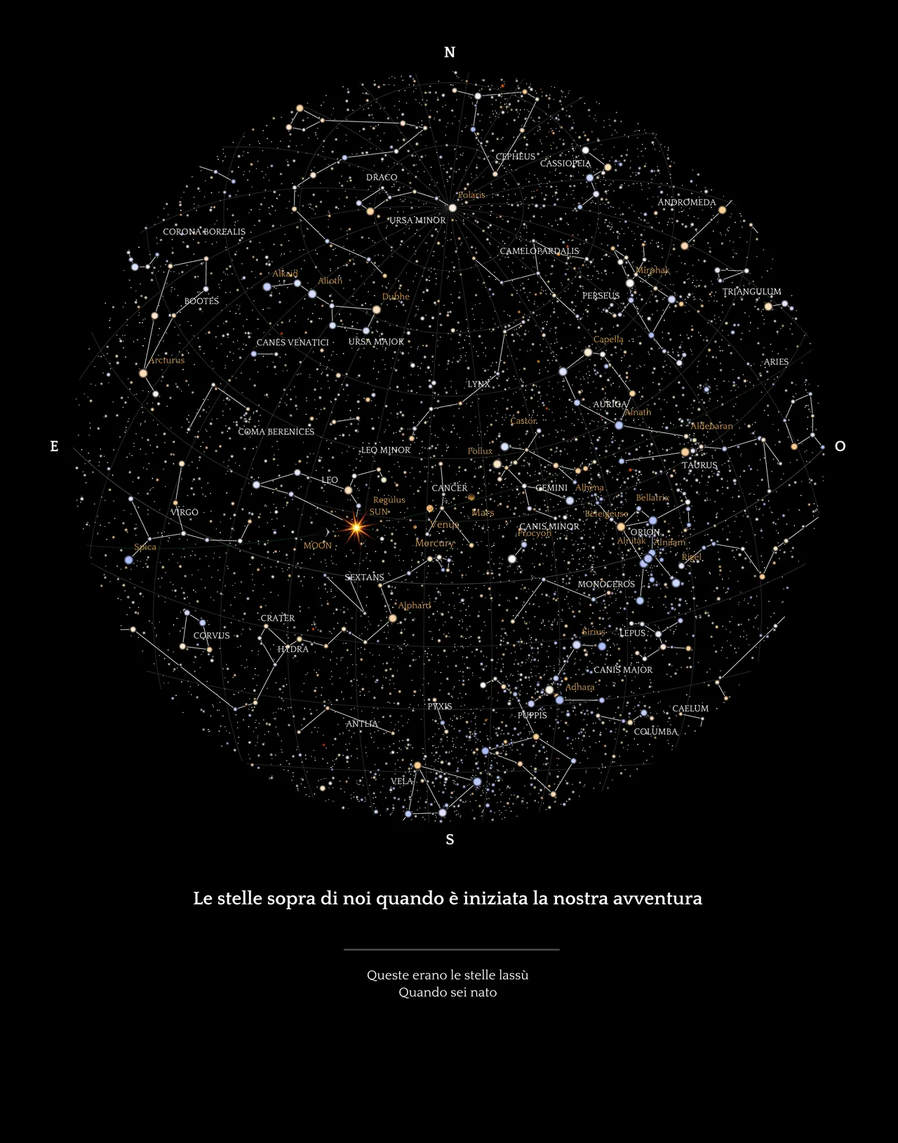 Una mappa stellare personalizzata è una mappa dettagliata del cielo come appare da qualsiasi punto della Terra, nel passato, nel presente o nel futuro.